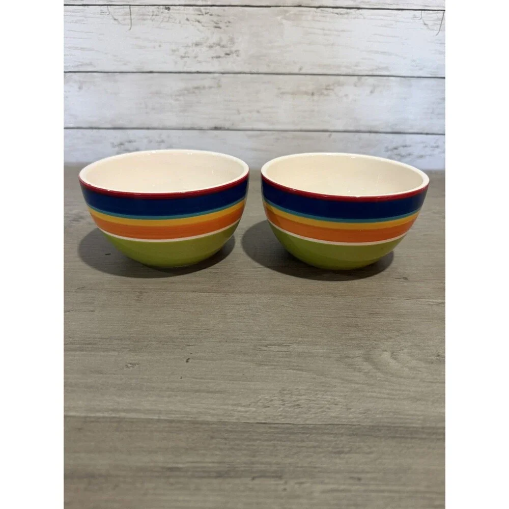Set Of 2 PIER 1 Imports Soup/Cereal Bowls “Summer Stripes” Ironware RARE Vintage